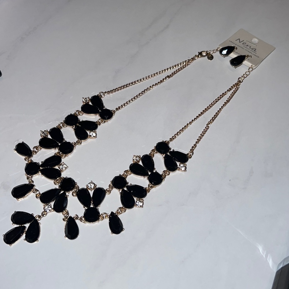 Black & gold metal crystal jewels necklace & drop earrings Nena fashion jewelry​